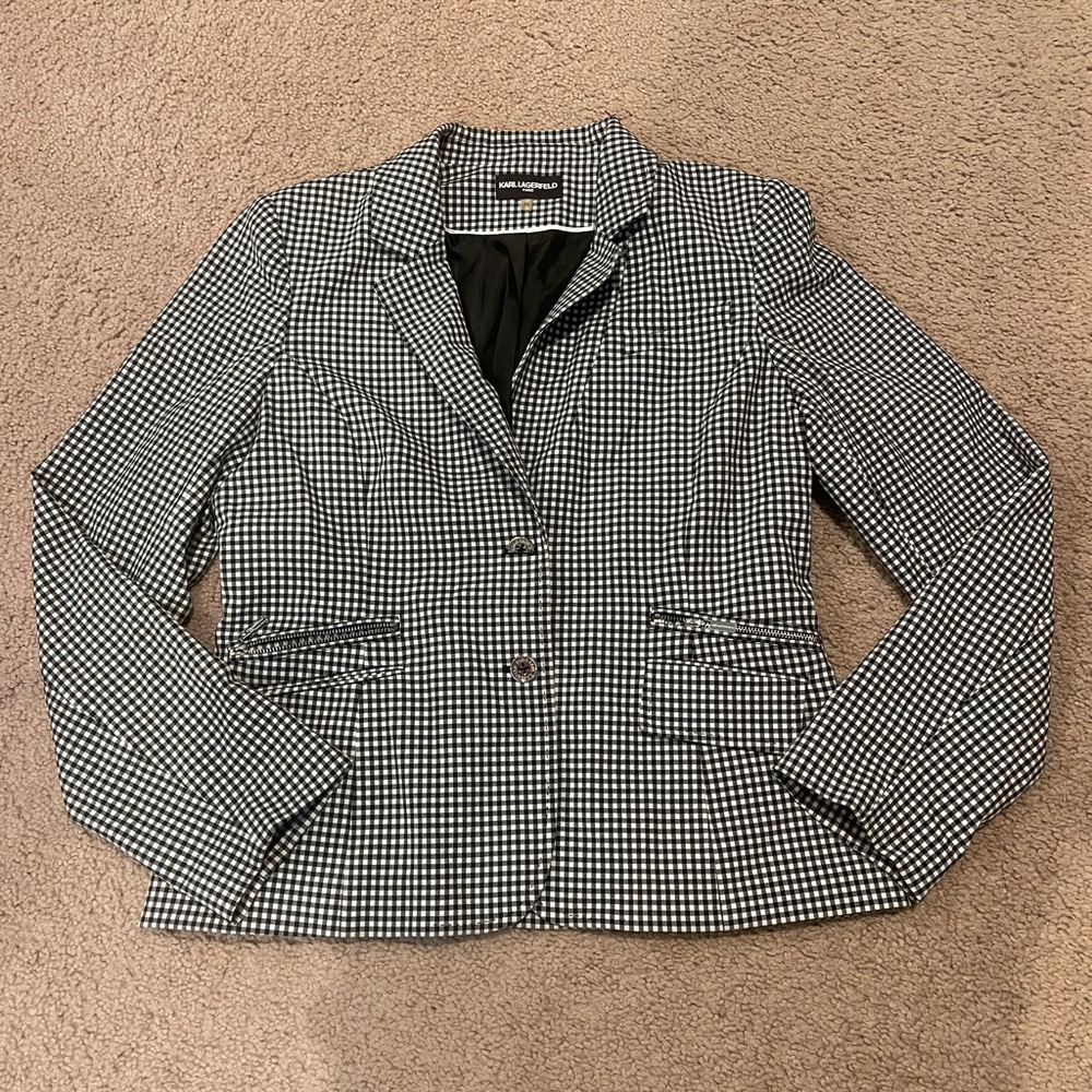 KARL LAGERFELD Monochrome Collared Checkered Blazer